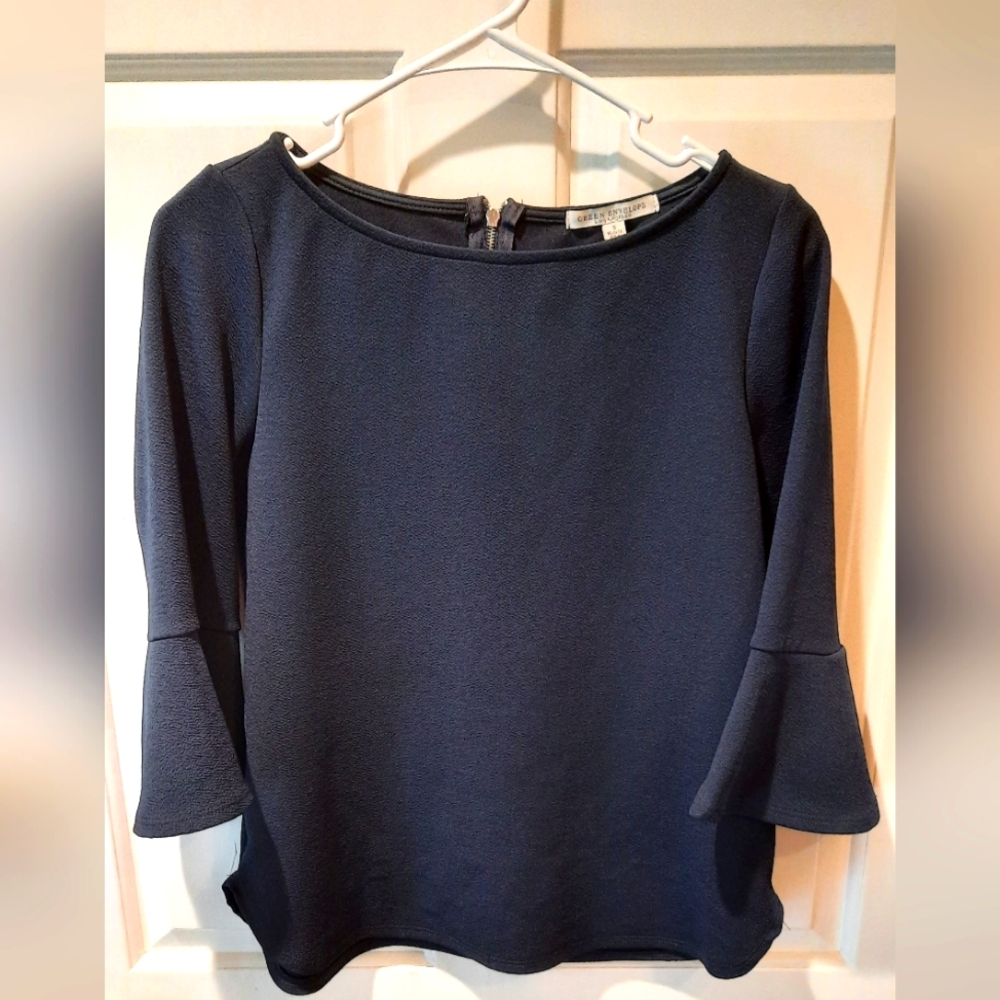 Green Envelope Womans Blouse Small Navy Blue Bell Sleeve Business Casual Classic